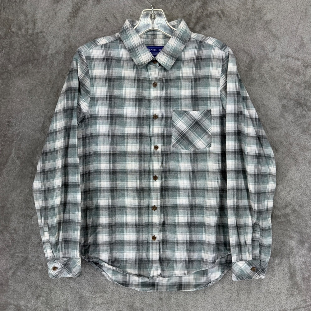 Pendleton Womens Grey White Plaid Cotton Button Down Flannel Shirt‎ Size M